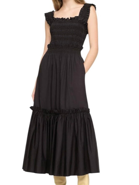 *Sea NY Sloane Cotton Poplin Sleeveless Wide Strap Cami Smocked Bodice Tiered Midi Dress, Size M