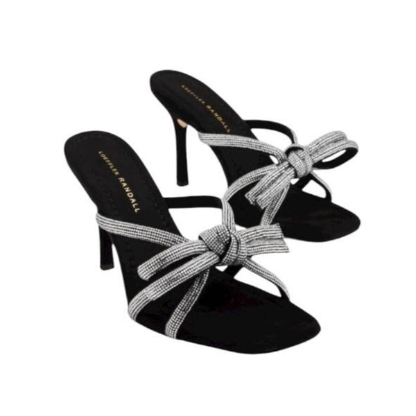 *Loeffler Randall Margi Suede & Rhinestone Bow Straps Square Toe Stiletto Sandals, Size 8.5