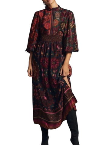 *Farm Rio X Anthro Mock-Neck Dress Satin Floral Bell Sleeve Fitted Waist Maxi Dress, Size XS