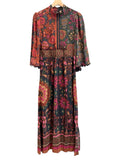 *Farm Rio X Anthro Mock-Neck Dress Satin Floral Bell Sleeve Fitted Waist Maxi Dress, Size XS