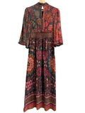 *Farm Rio X Anthro Mock-Neck Dress Satin Floral Bell Sleeve Fitted Waist Maxi Dress, Size XS