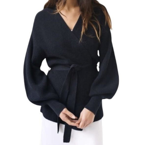 *FRAME Cotton Blend Chunky Shaker Knit Balloon Sleeve Wrap Belted Cardigan Sweater, Size S