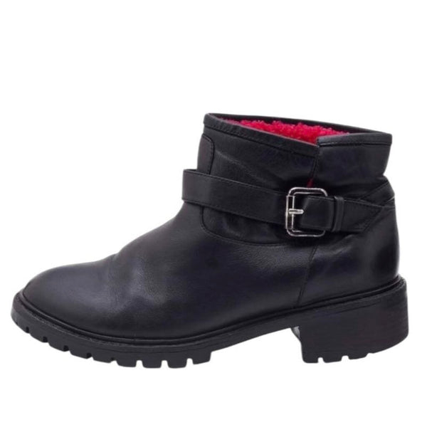 *Fendi Leather Shearling Lined Buckle Trim Lug Sole Moto Ankle Boots, Size 36.5