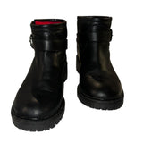 *Fendi Leather Shearling Lined Buckle Trim Lug Sole Moto Ankle Boots, Size 36.5