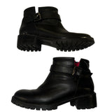 *Fendi Leather Shearling Lined Buckle Trim Lug Sole Moto Ankle Boots, Size 36.5