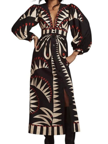 *NWT FARM Rio Coconut Grove Geometric Print Long Puffed Sleeve Deep V-Neck Maxi Dress, Size S