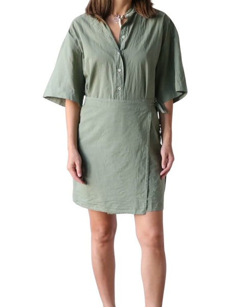 *XiRENA Agnes Cotton Voile Short Sleeve Band Collar Button Up Wrap Overlay Mini Dress, Size S