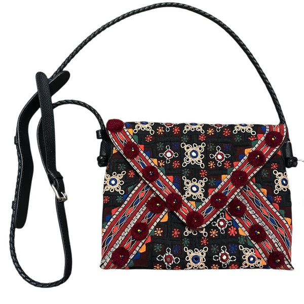*Etro Goa Leather Embroidery Bead & PomPom Trim Envelope Magnetic Closure Braided Strap Shoulder Bag
