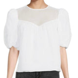 *NWT FRAME Sheer Inset Cotton & Silk Puff Sleeve Round Neck Keyhole Back Top, Size XS