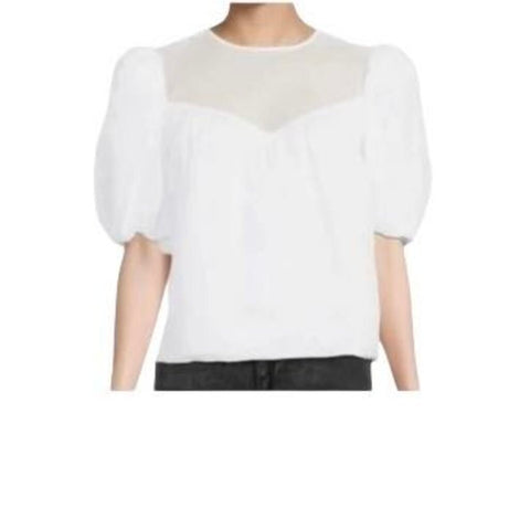 *NWT FRAME Sheer Inset Cotton & Silk Puff Sleeve Round Neck Keyhole Back Top, Size XS