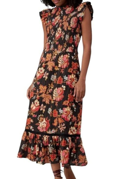 *Sea NY Pascale Cotton Floral Flutter Sleeve Ruffle Neck Smocked Bodice Flounce Hem Midi Dress, Size 10