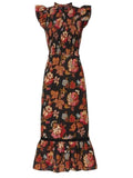 *Sea NY Pascale Cotton Floral Flutter Sleeve Ruffle Neck Smocked Bodice Flounce Hem Midi Dress, Size 10