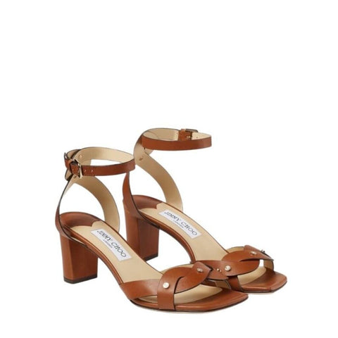 *Jimmy Choo Drya Leather Woven Studded Vamp Anle Strap Square Toe 65mm Block Heel Sandals, Size 37