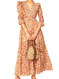 *NWT Maje Rufina Cotton Floral Paisley Long Sleeve V-Neck Ruffle Trim Maxi Dress, Size FR40 = US 8