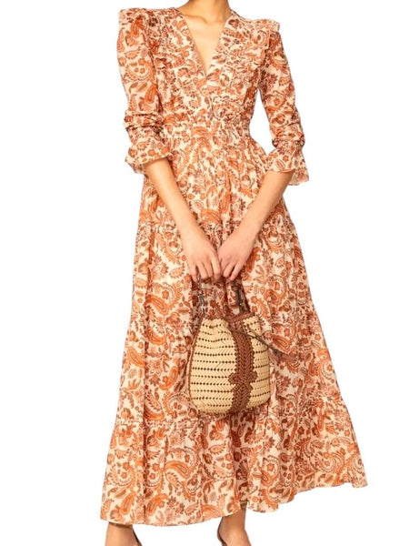 *NWT Maje Rufina Cotton Floral Paisley Long Sleeve V-Neck Ruffle Trim Maxi Dress, Size FR40 = US 8