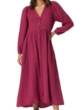 *XiRENA Charlotte Cotton Gauze Long Sleeve V-Neck Button-Up Midi Dress, Size S
