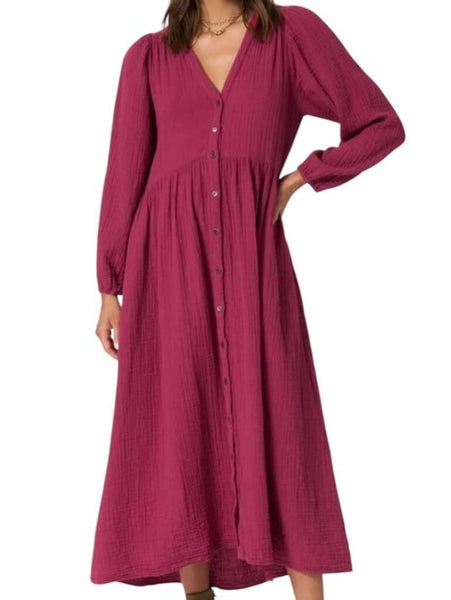 *XiRENA Charlotte Cotton Gauze Long Sleeve V-Neck Button-Up Midi Dress, Size S