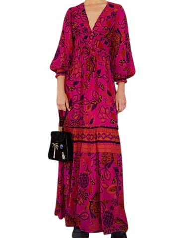 *Farm Rio Macaw Forest Tropical Floral Long Sleeve Plunge Neckline Maxi Dress, Size S