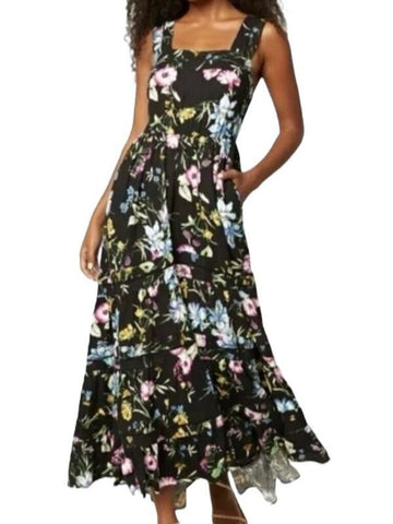 *MISA Los Angeles Aurelia Linen Blend Floral Square Neck Tank Tiered Maxi Dress, Size S