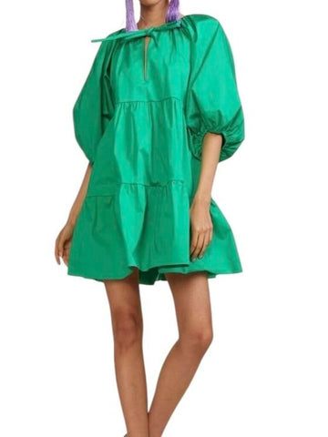 *Cynthia Rowley Kasbah Cotton Poplin Balloon Sleeve Tie Neck Tiered Mini Tent Dress, Size XS