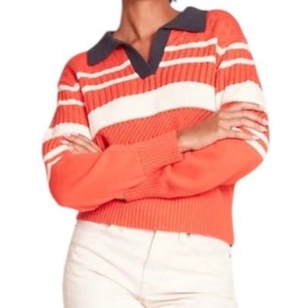 *Trovata Parker Polo Cotton Pointelle Knit Stripe Contrast Collared Polo Neck Sweater, Size M