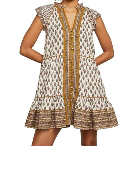 *Veronica Beard Amoura Cotton Blockprint Flutter Sleeve Button-Up Tiered Mini Dress, Size 2