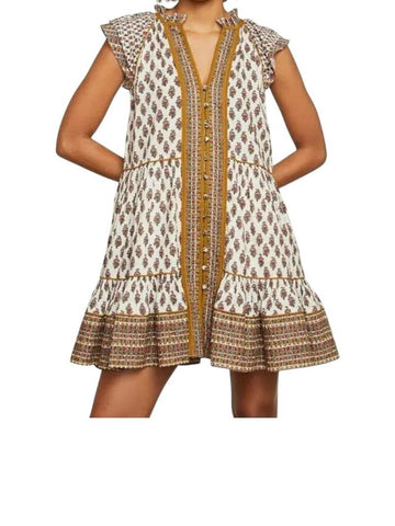 *Veronica Beard Amoura Cotton Blockprint Flutter Sleeve Button-Up Tiered Mini Dress, Size 2