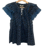 *Ulla Johnson Elm Cotton Floral Print Ruffle Flutter Sleeve Split Tie Neck Top, Size 6