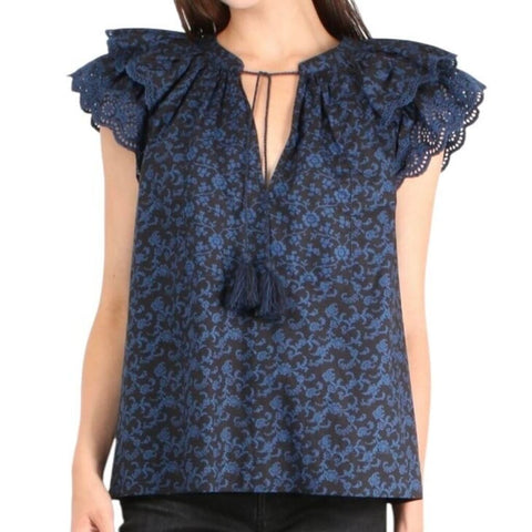 *Ulla Johnson Elm Cotton Floral Print Ruffle Flutter Sleeve Split Tie Neck Top, Size 6