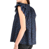 *Ulla Johnson Elm Cotton Floral Print Ruffle Flutter Sleeve Split Tie Neck Top, Size 6