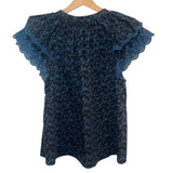 *Ulla Johnson Elm Cotton Floral Print Ruffle Flutter Sleeve Split Tie Neck Top, Size 6