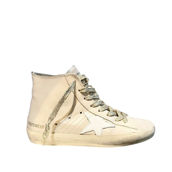 *Golden Goose Francy Leather & Suede High-Top Metal Logo Hidden Lift Sneakers, Size 35