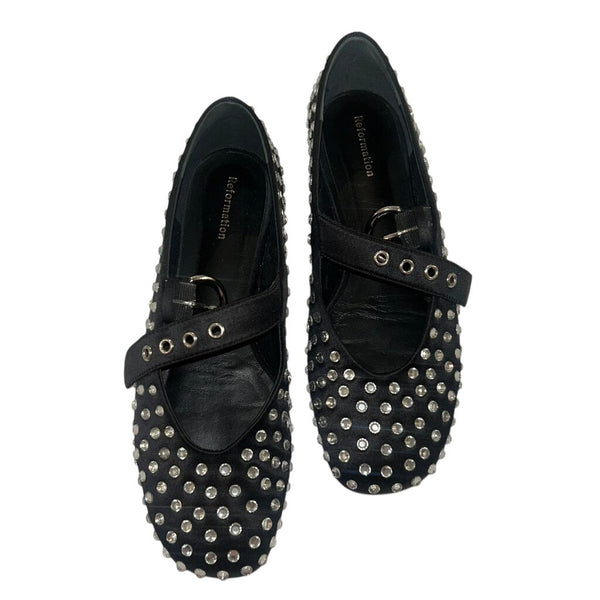 *Reformation Bethany Satin Rhinestone Round Toe Buckle Mary Jane Ballet Flats, Size 6