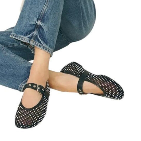 *Reformation Bethany Satin Rhinestone Round Toe Buckle Mary Jane Ballet Flats, Size 6
