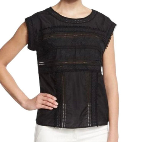 *Veronica Beard Porter Cotton & Silk Eyelet Ladder Trim Cap Sleeve Round Neck Top, Size 0