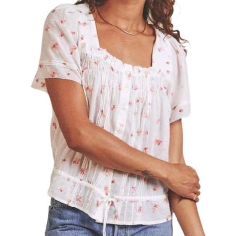 *Trovata Lorita Cotton Embroidered Floral Puff Sleeve Square Neck Button-Up Drawcord Waist Top, Size M