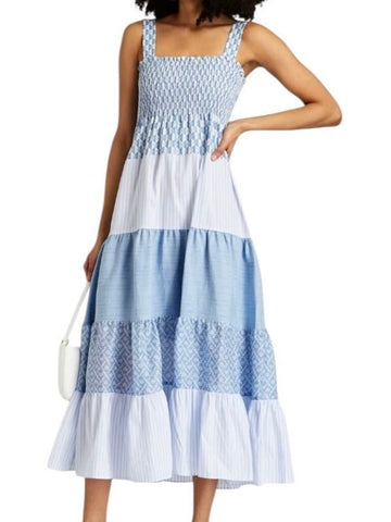 *Sandro Paris Tropea Poplin Mixed Prints Wide Strap Cami Smocked Tiered Midi Dress, Size FR36=4