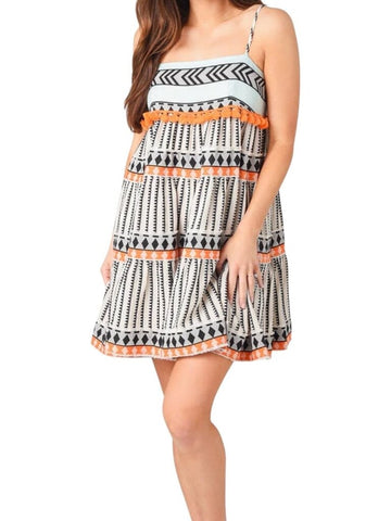 *Devotion Twins Themis Cotton Abstract Cami Pom Pom Trim Swing Mini Dress, Size S