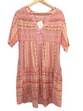 *XiRENA Billie Cotton Block Print Short Sleeve Button Split Neck Trapeze Tiered Mini Dress, Size XS