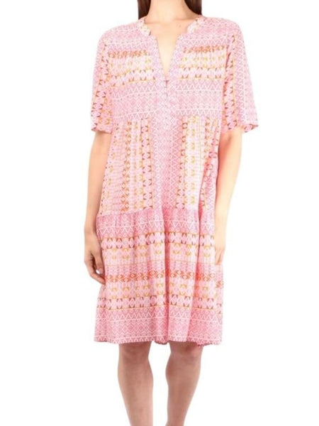 *XiRENA Billie Cotton Block Print Short Sleeve Button Split Neck Trapeze Tiered Mini Dress, Size XS