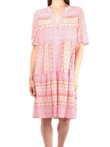 *XiRENA Billie Cotton Block Print Short Sleeve Button Split Neck Trapeze Tiered Mini Dress, Size XS