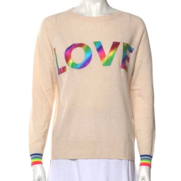 *Brodie Cashmere LOVE Foil Rainbow Ringer Crew Neck Pullover Sweater, Size XS
