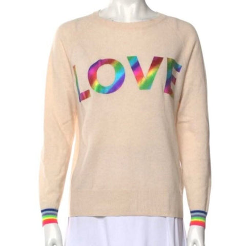 *Brodie Cashmere LOVE Foil Rainbow Ringer Crew Neck Pullover Sweater, Size XS