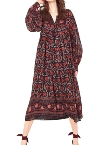 *Ulla Johnson Talitha Silk Floral Block Print Balloon Sleeve Tie Split Neck Swing Midi Dress, Size 4