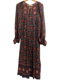 *Ulla Johnson Talitha Silk Floral Block Print Balloon Sleeve Tie Split Neck Swing Midi Dress, Size 4