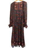 *Ulla Johnson Talitha Silk Floral Block Print Balloon Sleeve Tie Split Neck Swing Midi Dress, Size 4