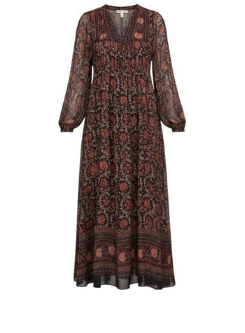 *Ulla Johnson Talitha Silk Floral Block Print Balloon Sleeve Tie Split Neck Swing Midi Dress, Size 4