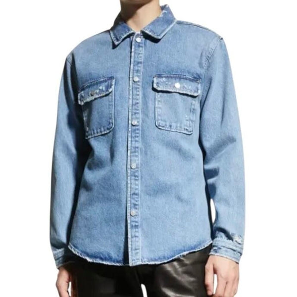 *FRAME Double Pocket Shred Cotton Heavy Denim Long Sleeve Collared Snap Front Shirt Top, Size S