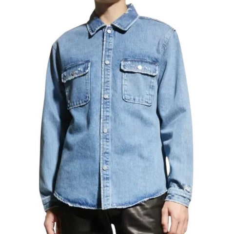 *FRAME Double Pocket Shred Cotton Heavy Denim Long Sleeve Collared Snap Front Shirt Top, Size S