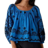 *NWT Rhode X Anthro Trish Cotton Applique 3/4 Balloon Sleeve Boat Neck Button-Up Top, Size XS